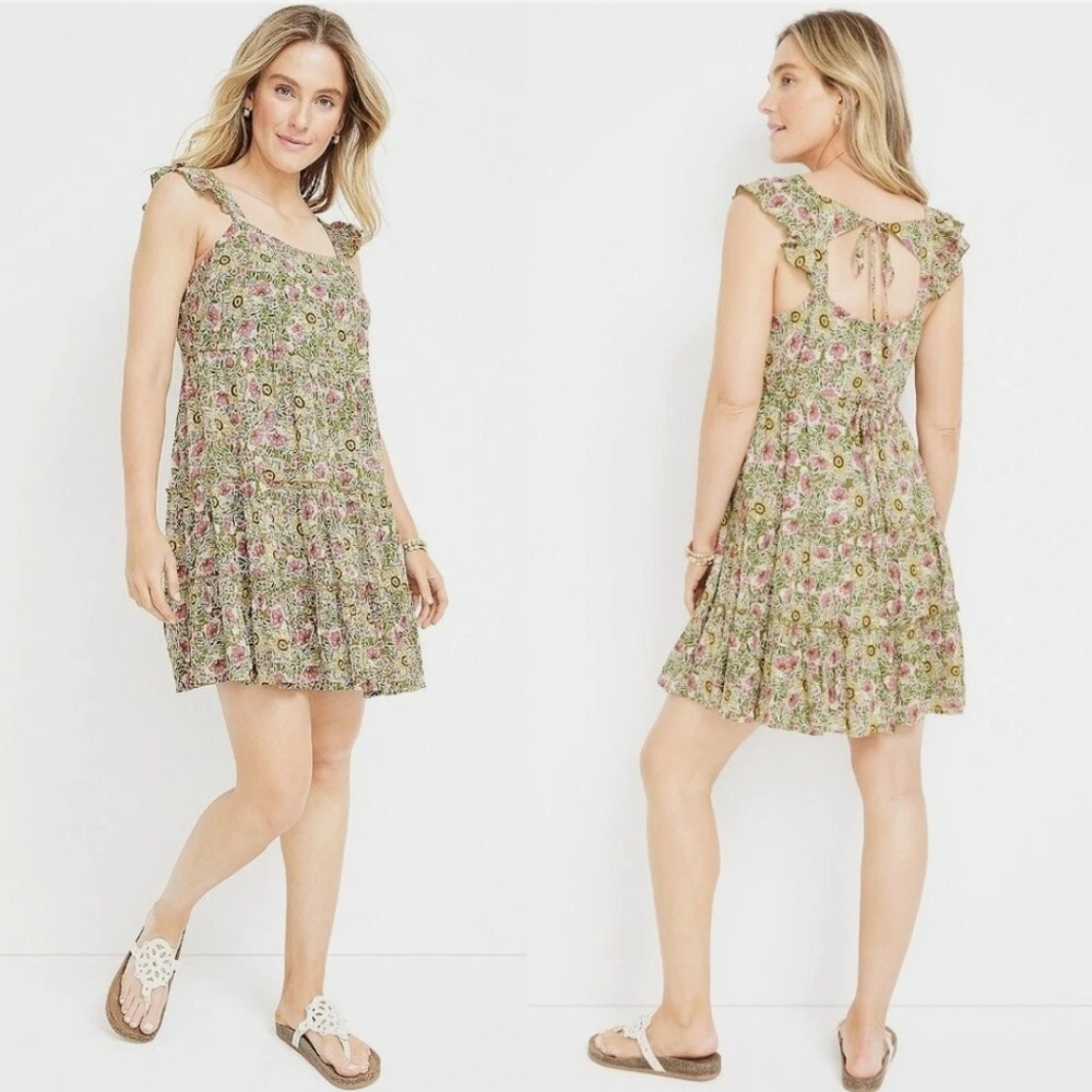 Maurices Floral Ruffle Mini Dress - Green and Pink